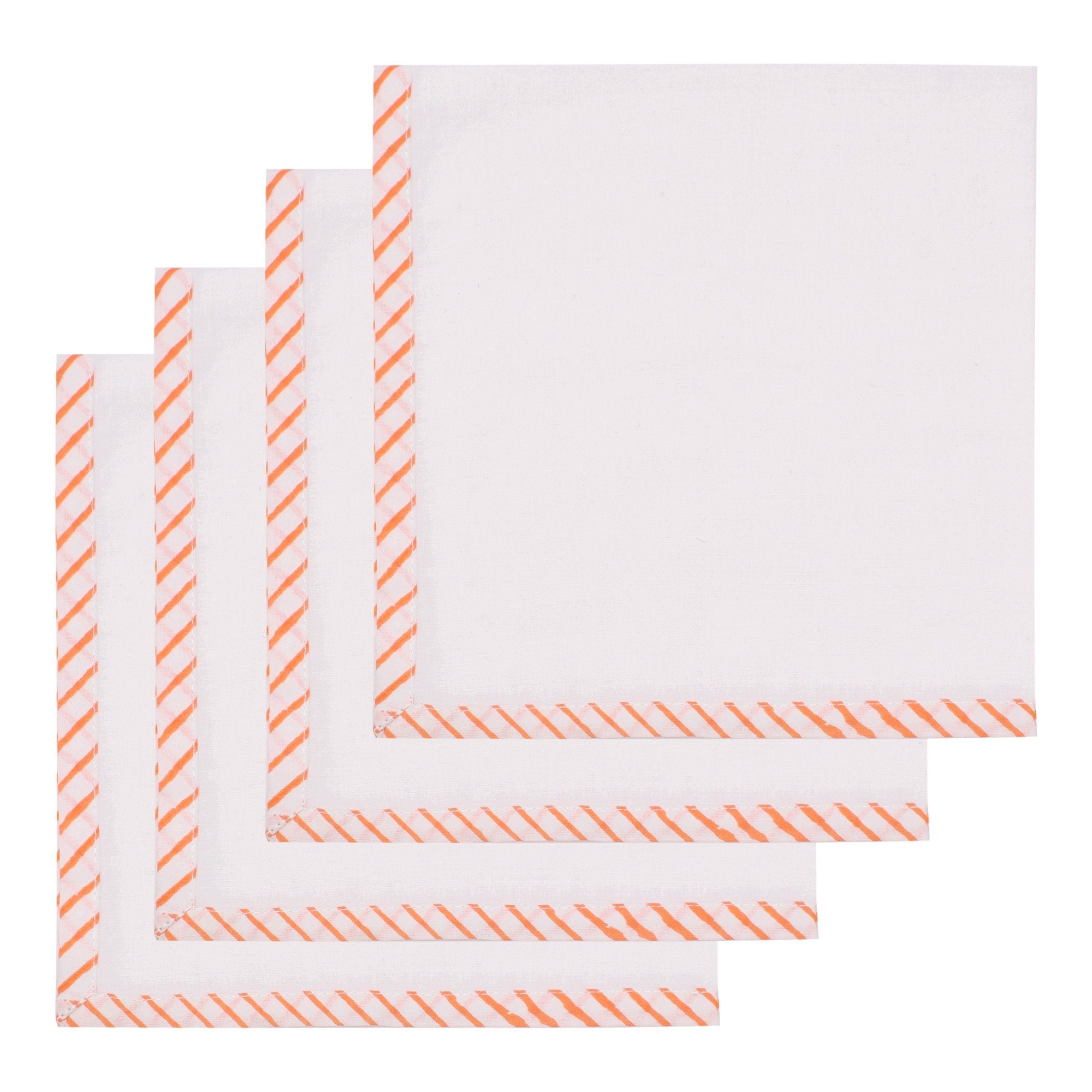 Hand Block Printed Cotton Napkins: White with Orange Border