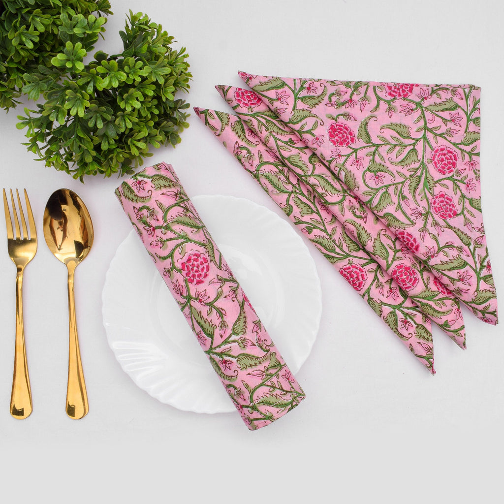 Floral Hand Block Printed Cotton Napkins: Pink & Green Table Decor