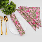 Floral Hand Block Printed Cotton Napkins: Pink & Green Table Decor