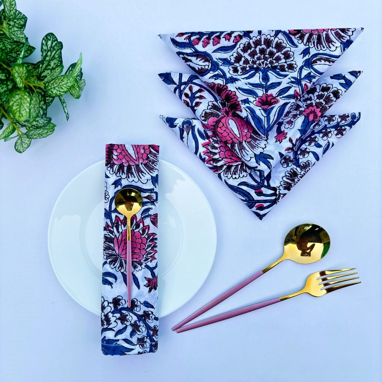 Floral Hand Block Printed Cotton Napkins: Indian Artisan Decor