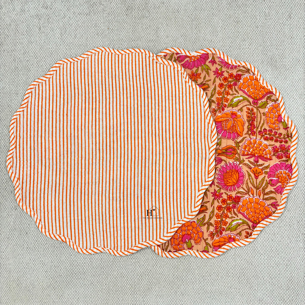 Handcrafted Orange Floral Quilted Placemat & Napkin Set