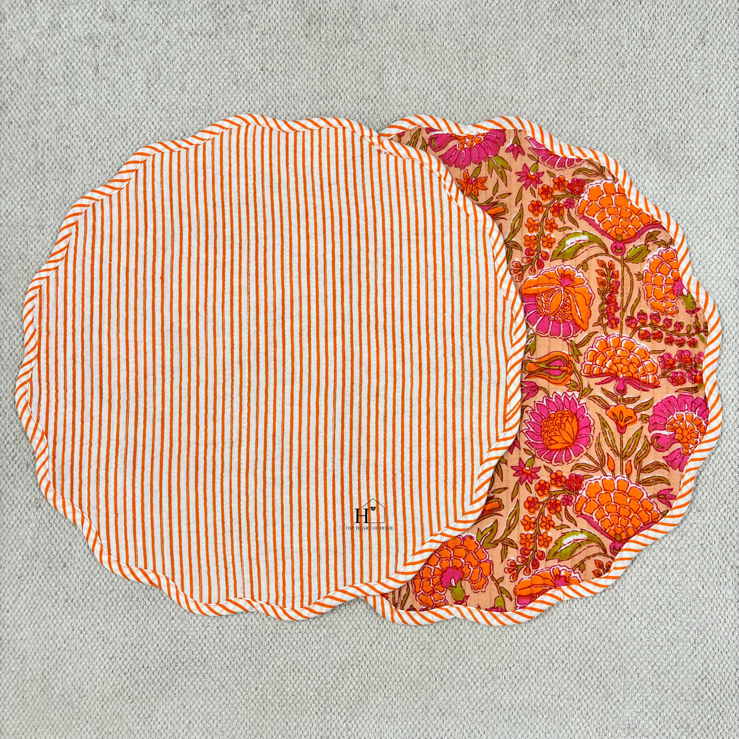 Handcrafted Orange Floral Quilted Placemat & Napkin Set