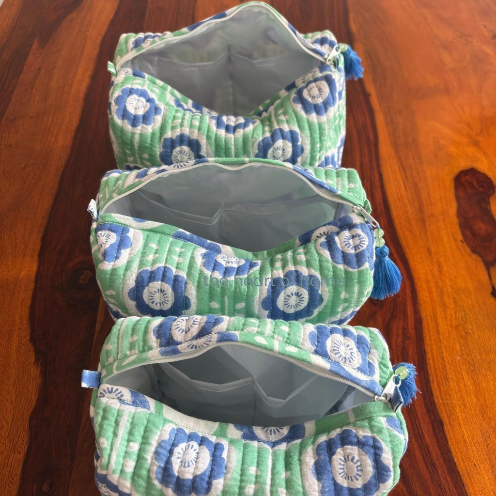 Handblock Printed Quilted Cosmetic Pouch Set: Green Travel Toiletry Bags