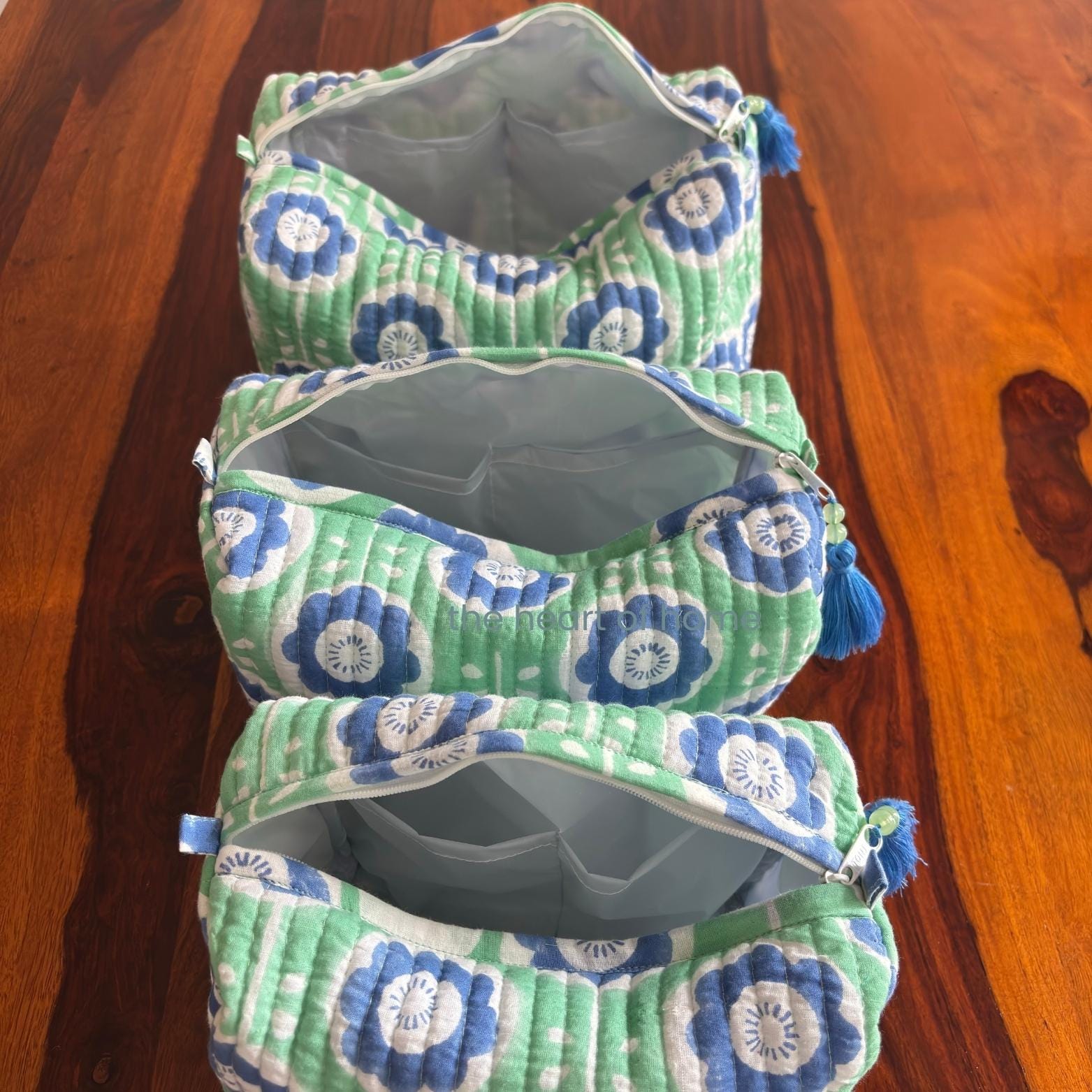 Handblock Printed Quilted Cosmetic Pouch Set: Green Travel Toiletry Bags