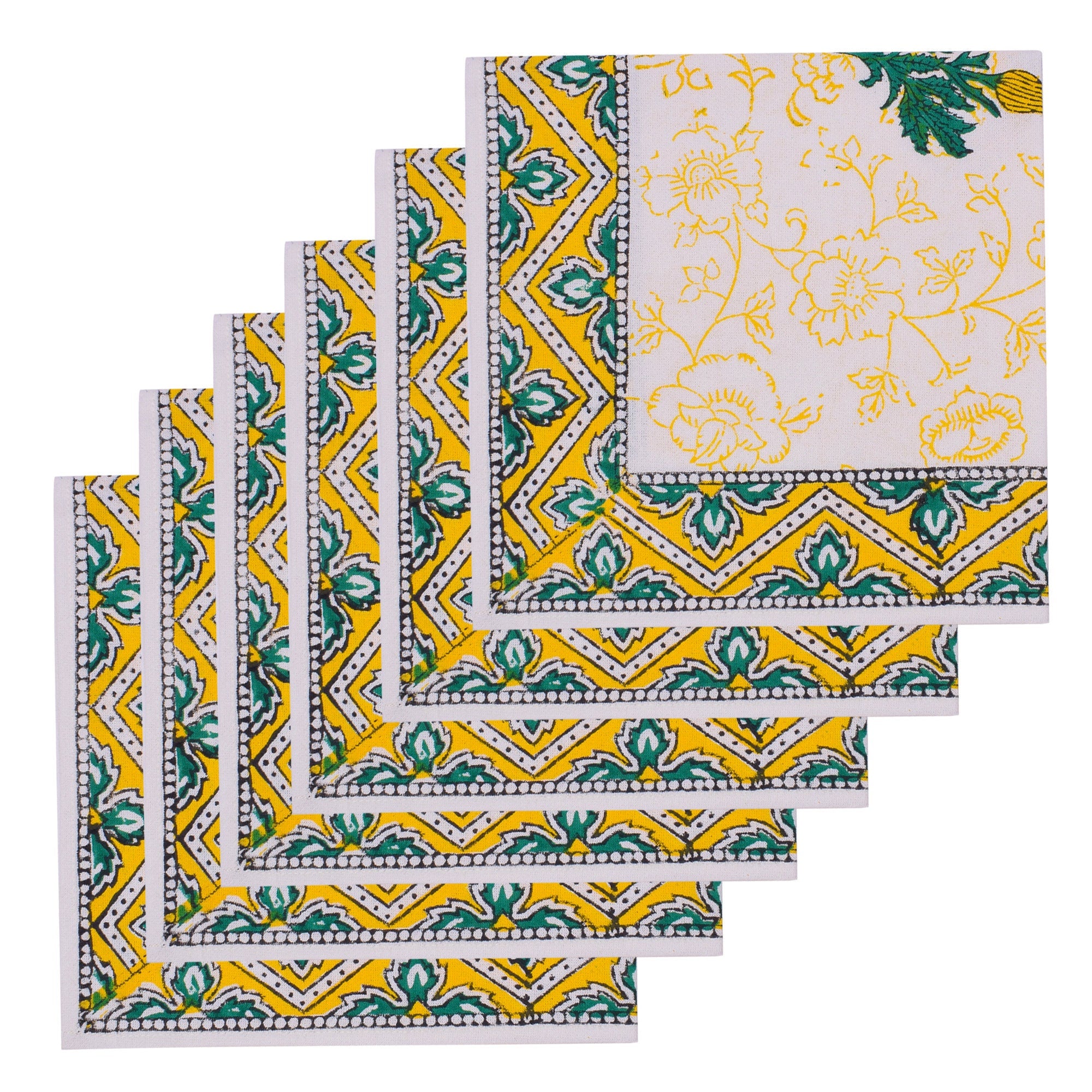 Hand Block Printed Placemats and Napkins: Yellow Green Floral Cotton Set