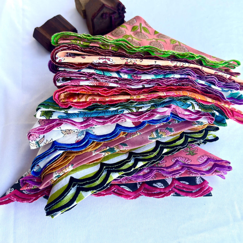 Hand Block Print Scallop Napkins: Floral Cotton Dinner Napkins