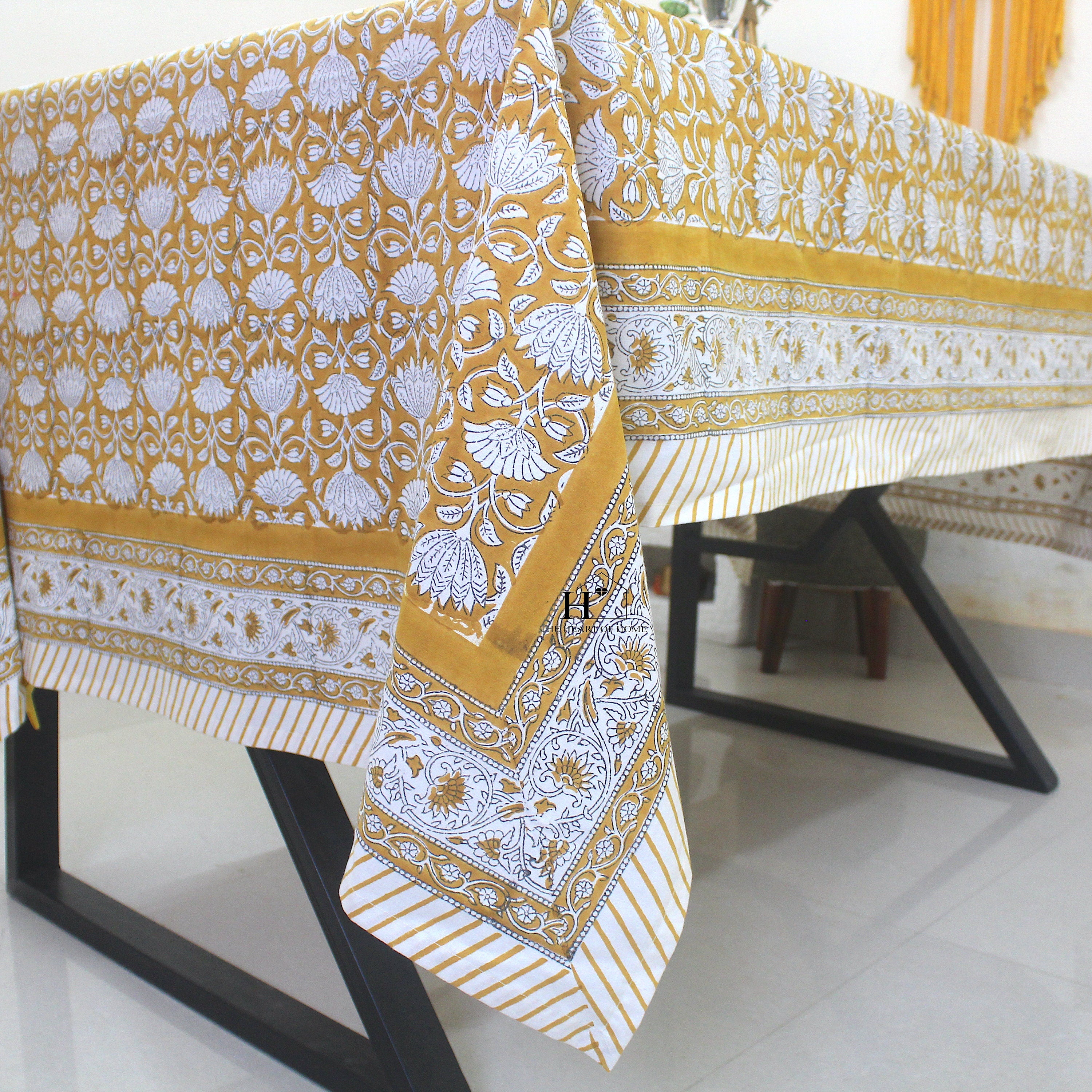 Mustard Floral Tablecloth: Hand-Block Printed Cotton, Waterproof Rustic Cover