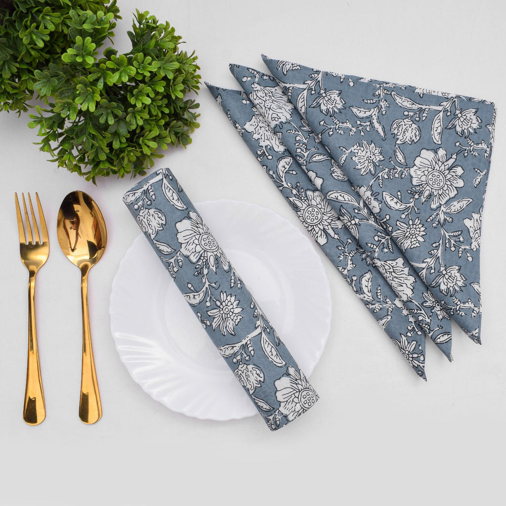 Hand Block Printed Floral Cotton Napkins: Stone Blue Elegant Dining Decor