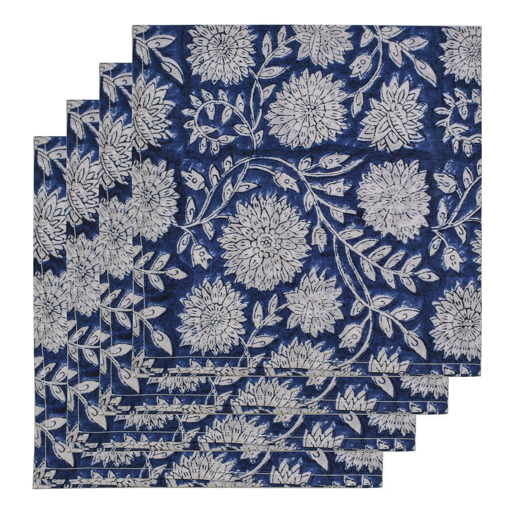 Handmade Royal Blue Floral Napkins: Block Printed Cotton Table Decor