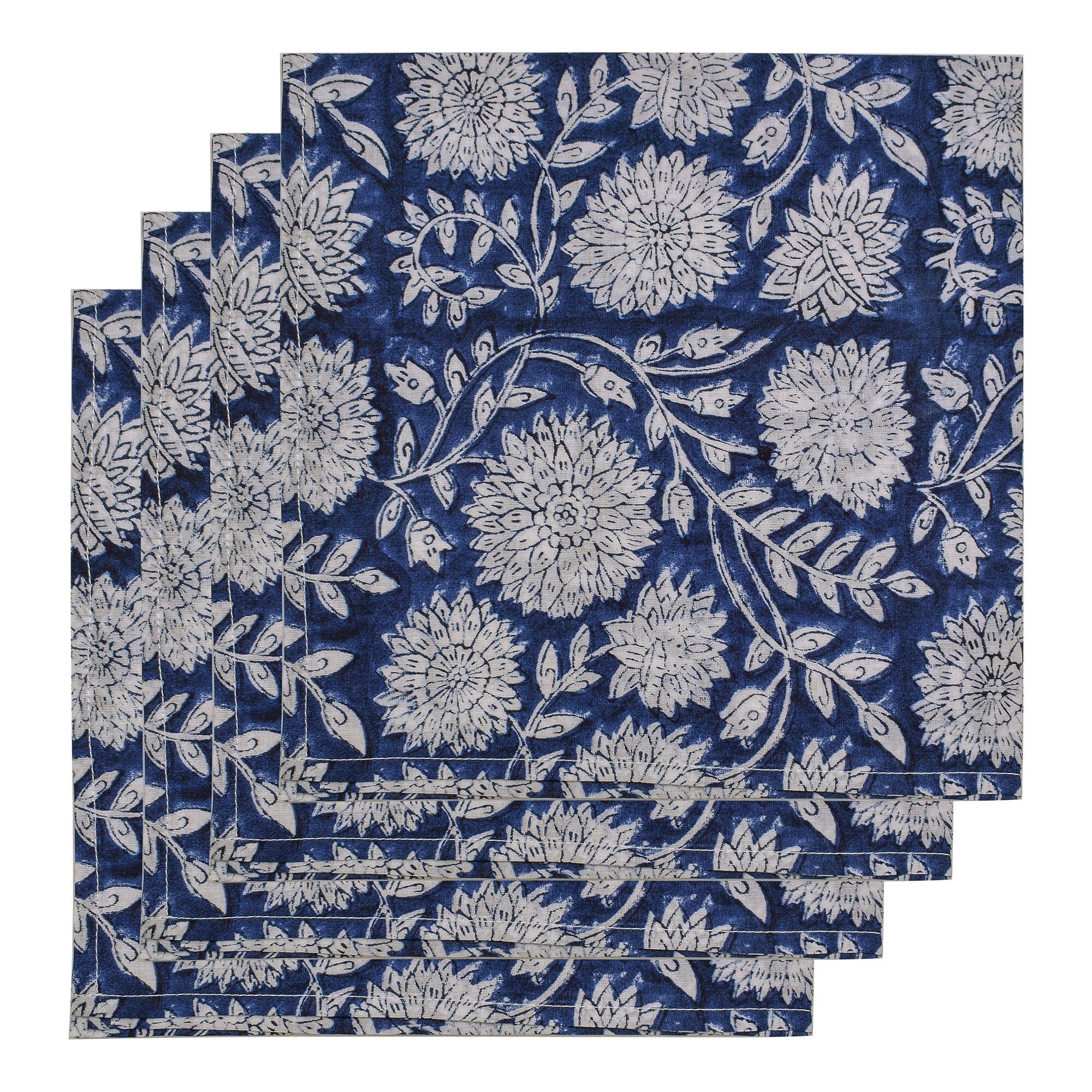 Handmade Royal Blue Floral Napkins: Block Printed Cotton Table Decor