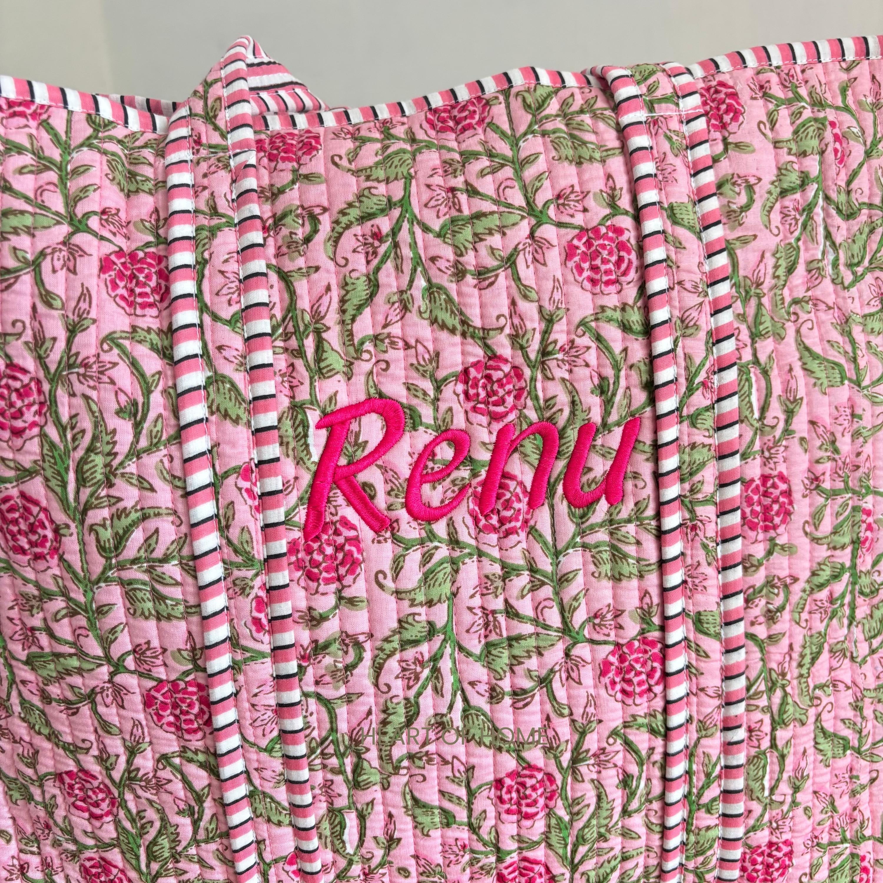 Custom Embroidered Rose Floral Tote Bag: Hand Block Printed Gift