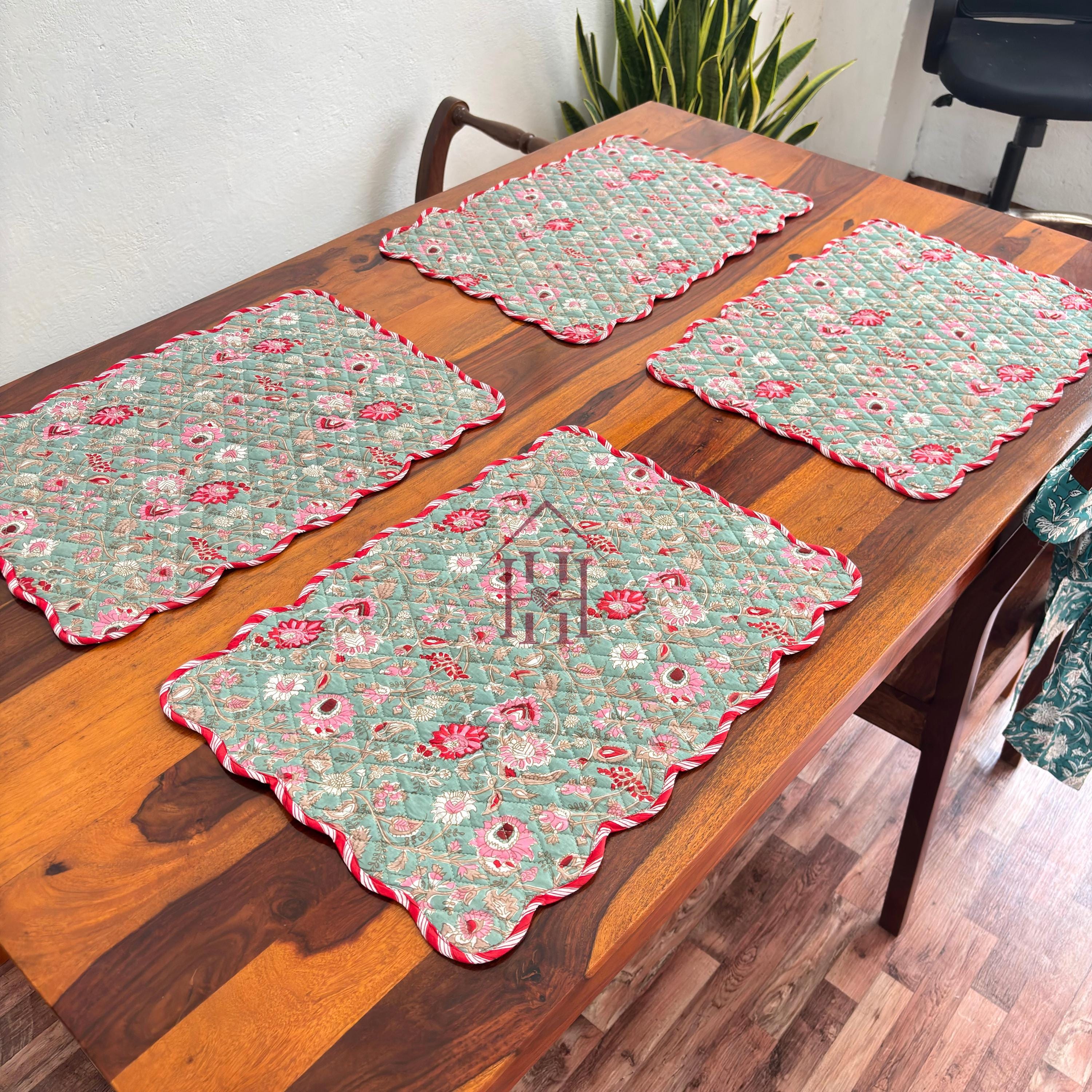 Cotton quilted mats hand block printed christmas green 14x20 Inch Reversible 100% Cotton, Washable, Soft & Absorbent, Perfect for Wedding