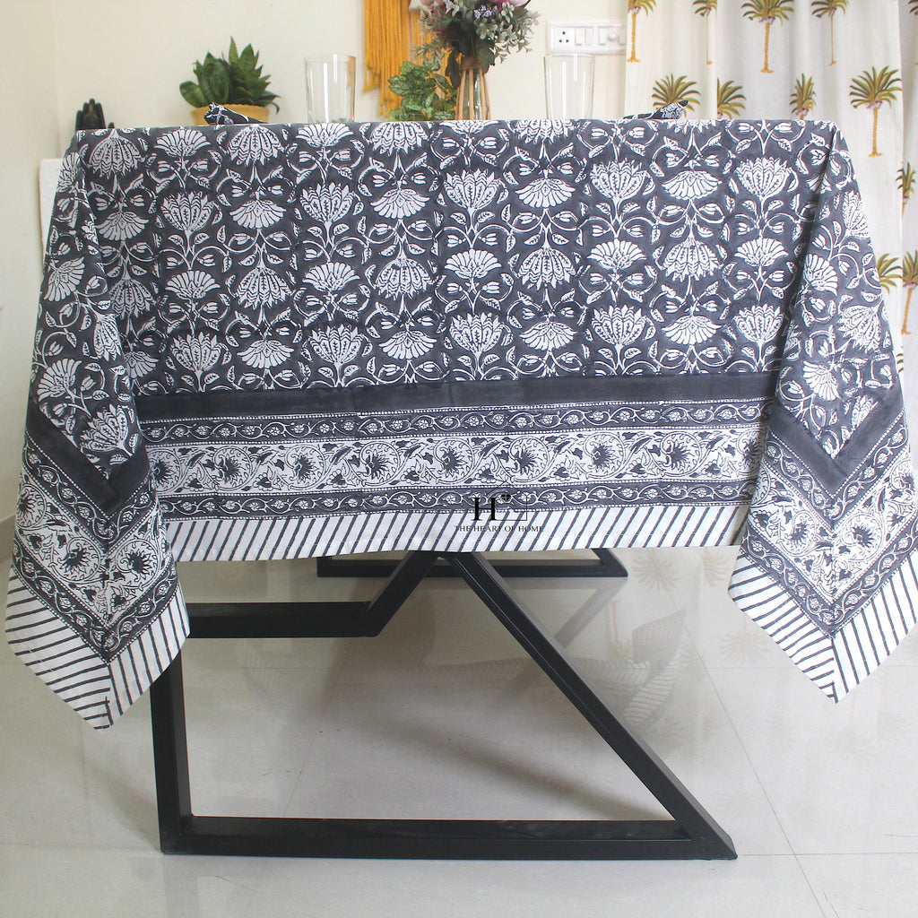 Black Floral Block Print Cotton Tablecloth - Waterproof Rustic Dining Cover