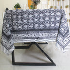Black Floral Block Print Cotton Tablecloth - Waterproof Rustic Dining Cover