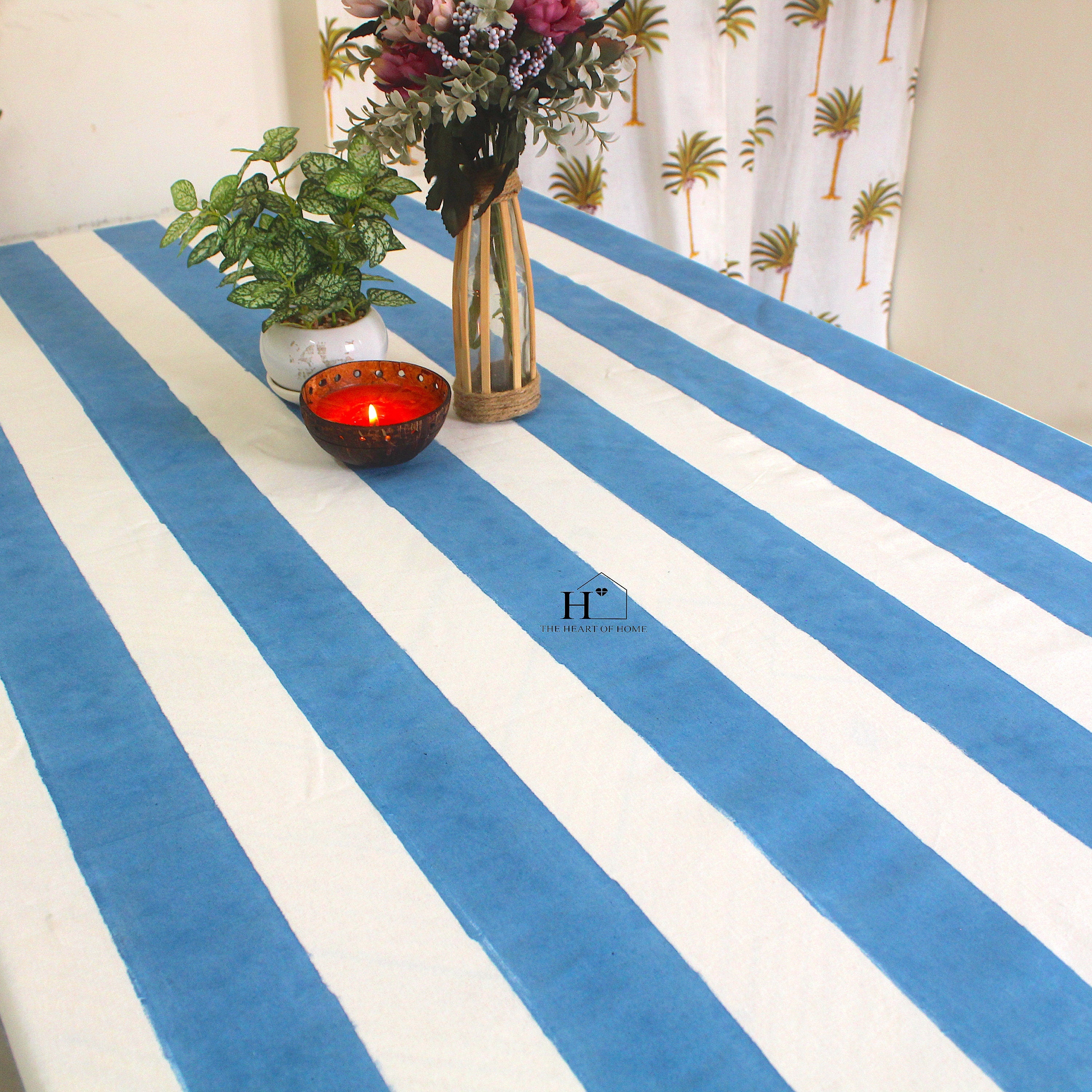 Hand-Block Stripe Cotton Tablecloth: Sky Blue Waterproof Dining Table Cover