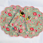 Floral Quilted Placemat & Napkin Set: Christmas Green and Red, 15x15 Inch
