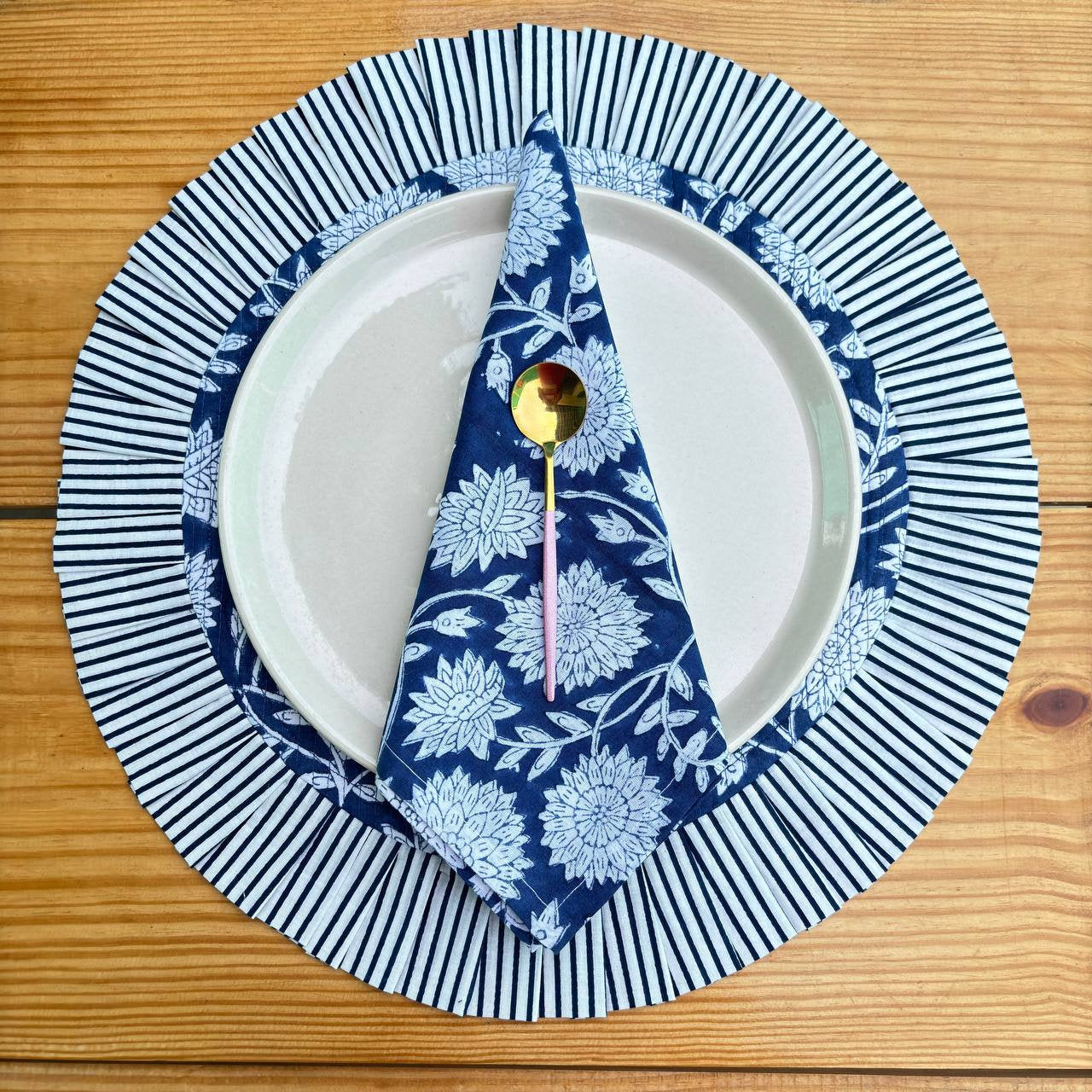 Handcrafted Royal Blue Floral Quilted Placemat & Napkin Set