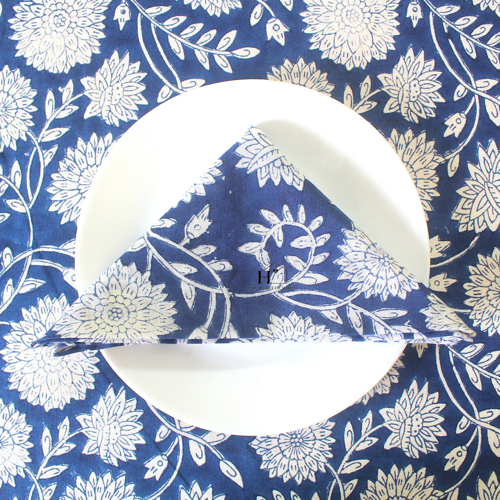 Blue Floral Block Print Cotton Tablecloth: Vibrant Home & Event Decor