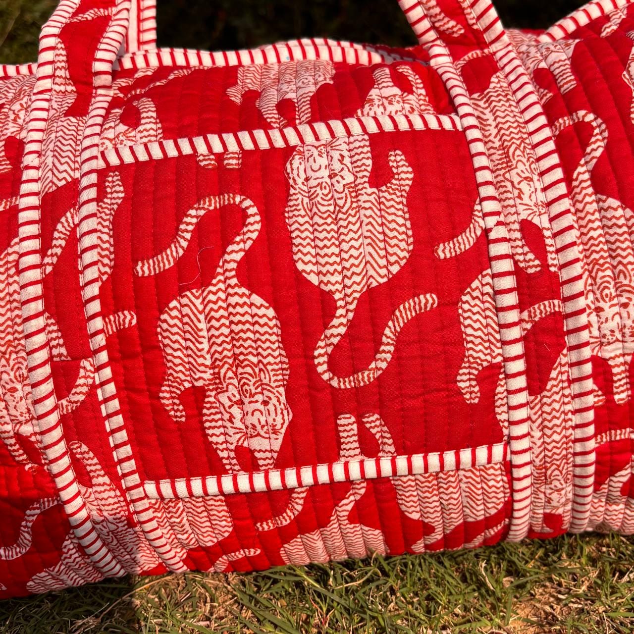Handmade Red Tiger Cotton Quilted Duffle Bag: Travel Gym Luggage