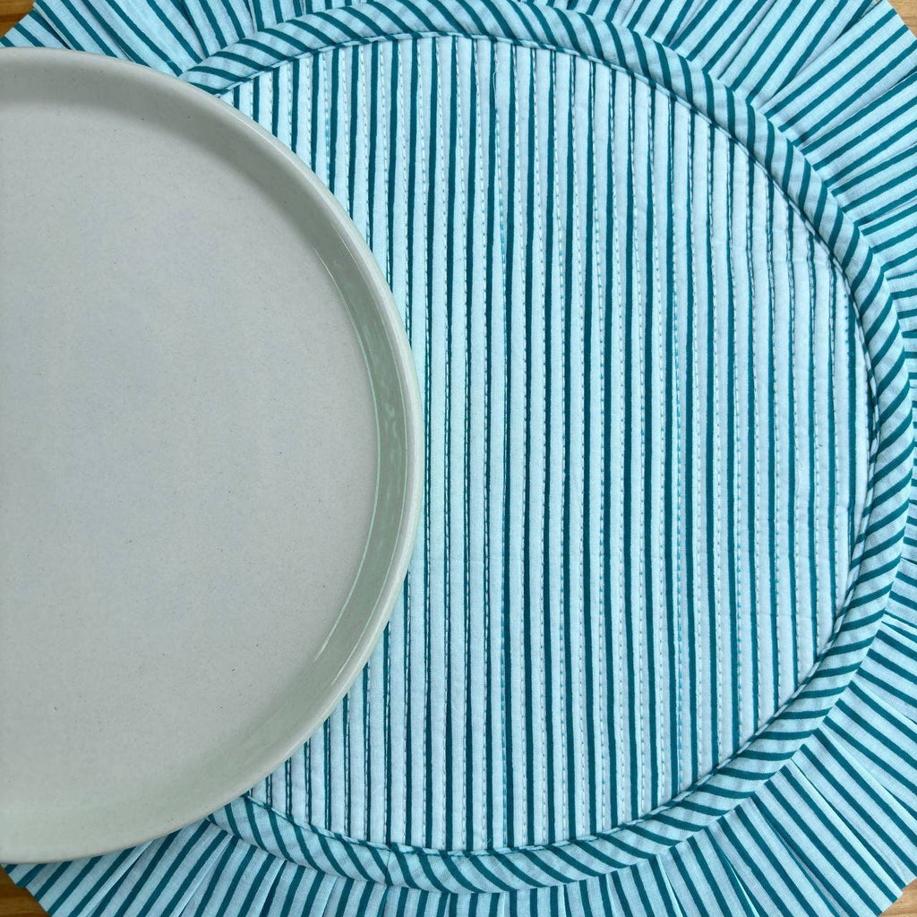 Teal Blue Floral Quilted Placemat & Napkin Set: Indian Artisan Craft