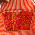 Large Orange pink Cotton Quilted Duffle Bags Block print Gifts Handmade Colorful Travel night Travel Gym Yoga Luggage pocket 18x9x9 inches