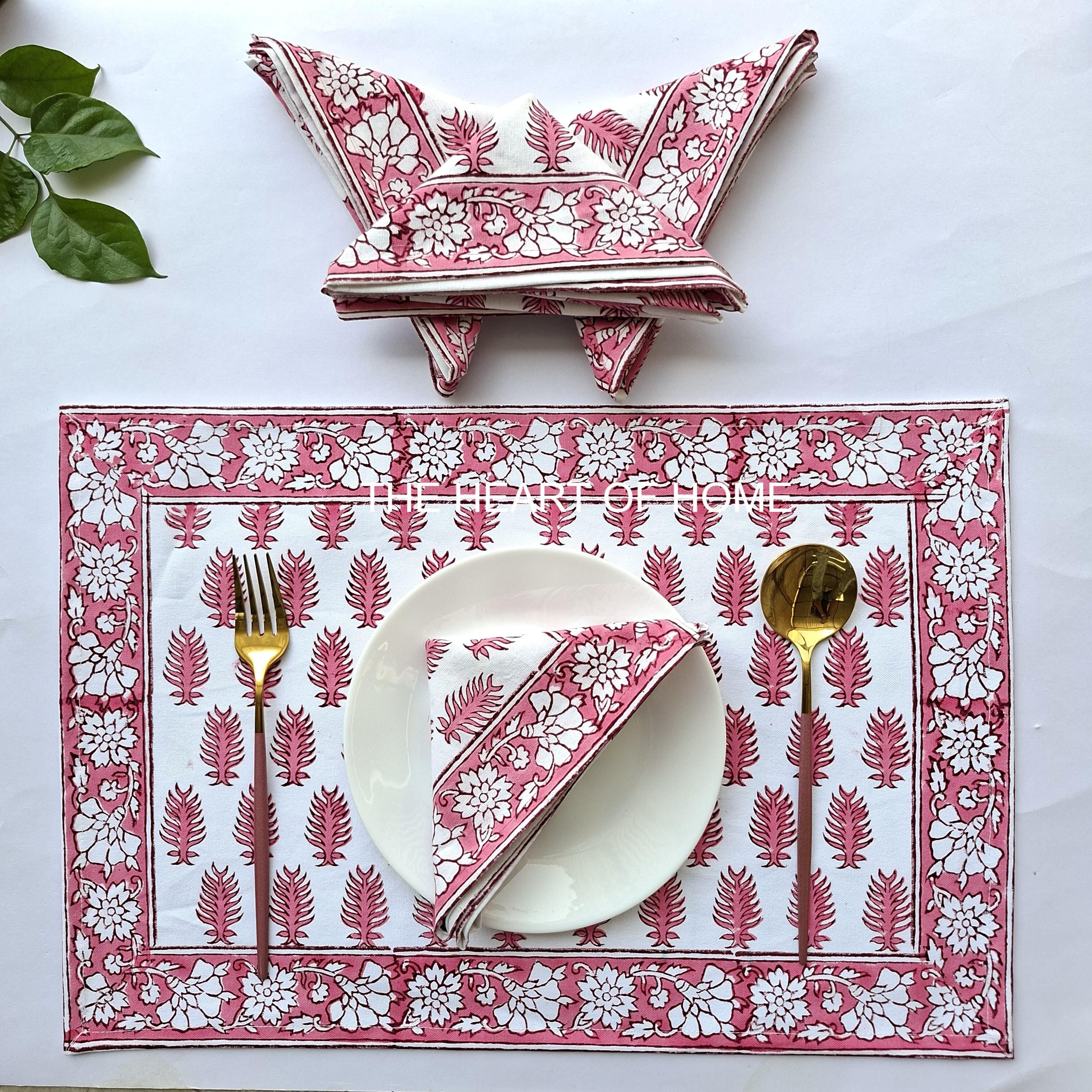 Hand Block Printed Cotton Placemat & Napkin Set: Jaipur Artisan Made