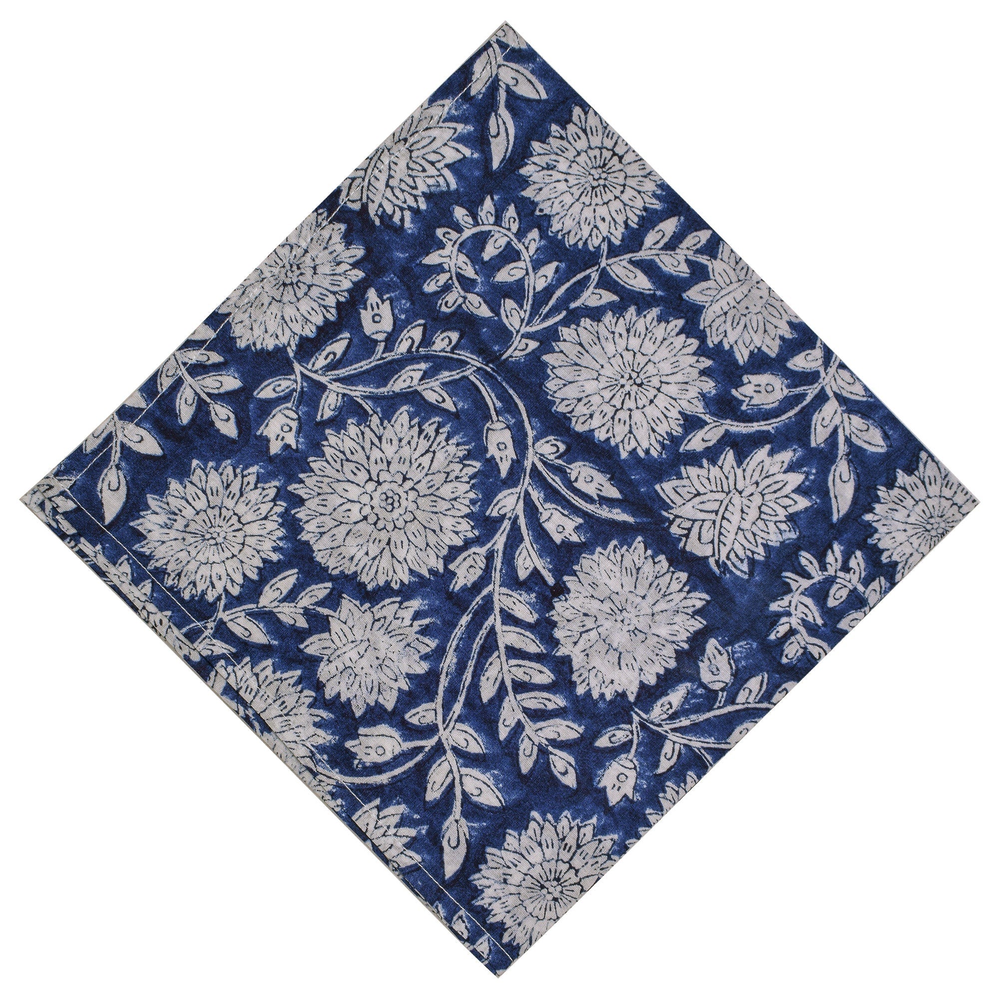 Handmade Royal Blue Floral Napkins: Block Printed Cotton Table Decor