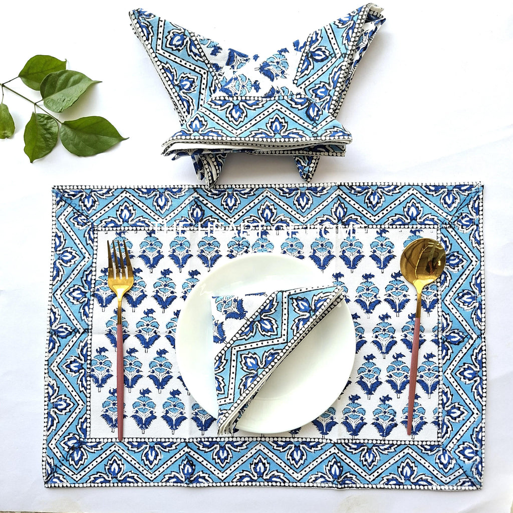 Hand Block Printed Cotton Placemat & Napkin Set: Jaipur Artisan Made