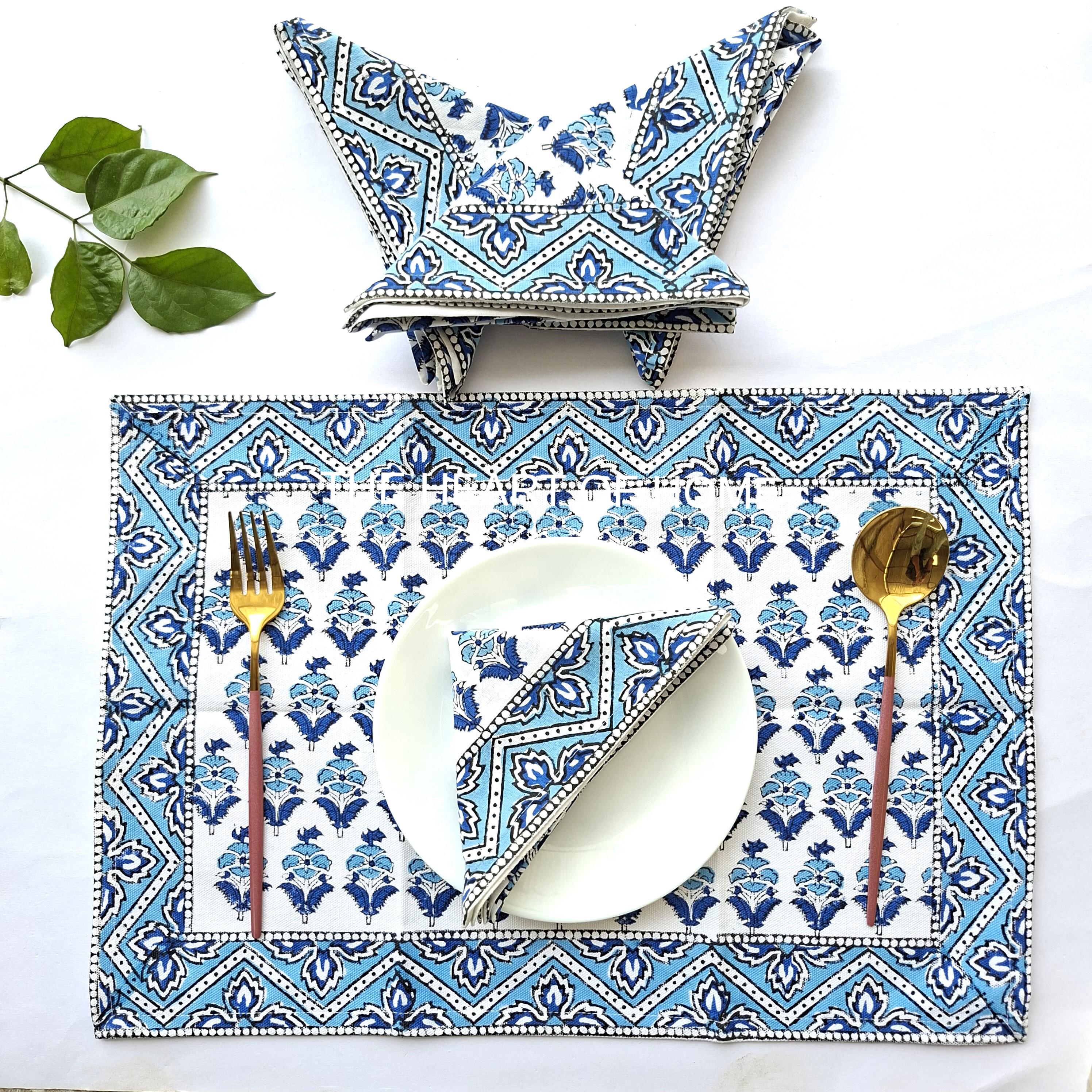 Hand Block Printed Cotton Placemat & Napkin Set: Jaipur Artisan Made