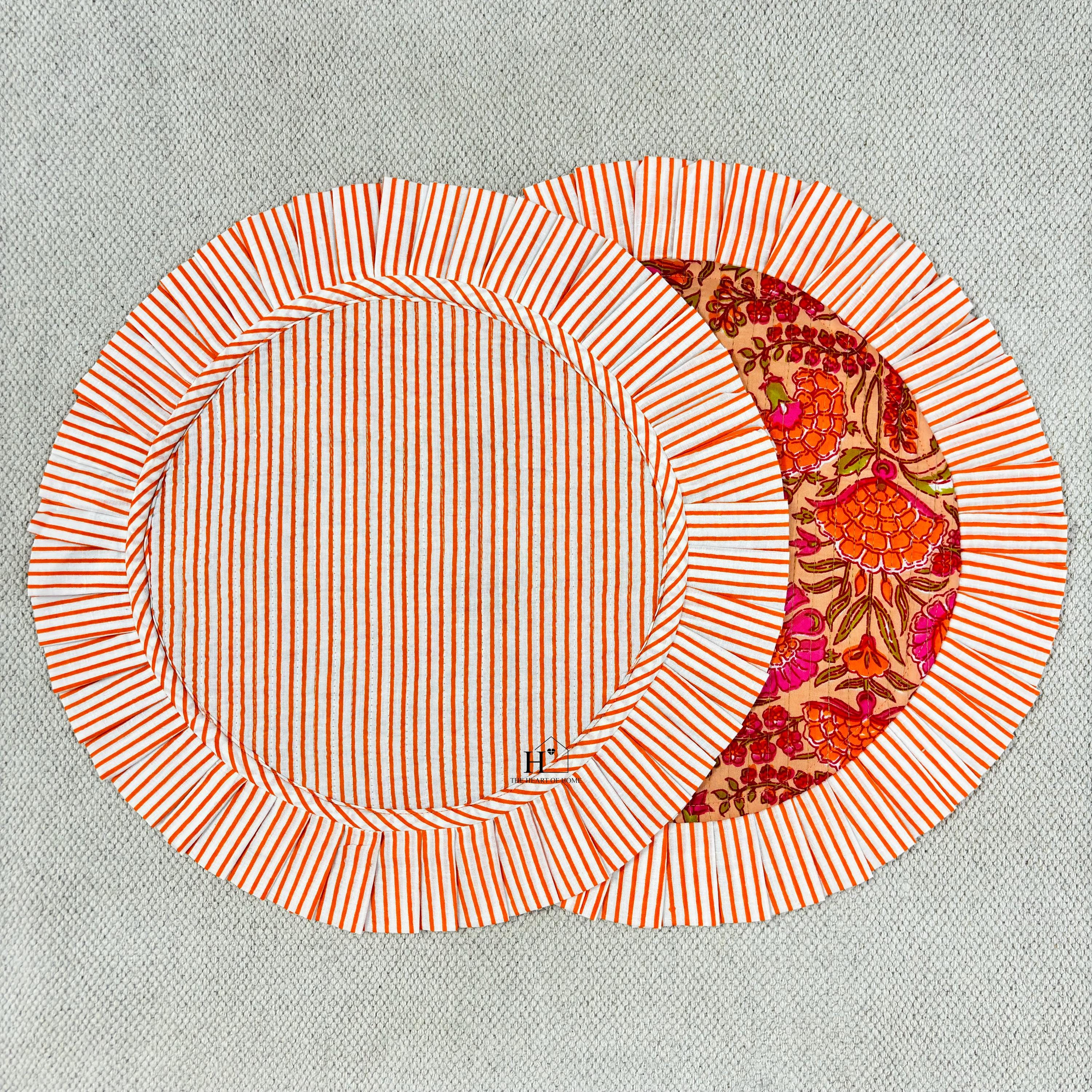 Handcrafted Orange Floral Quilted Placemat & Napkin Set: Indian Artisan Decor