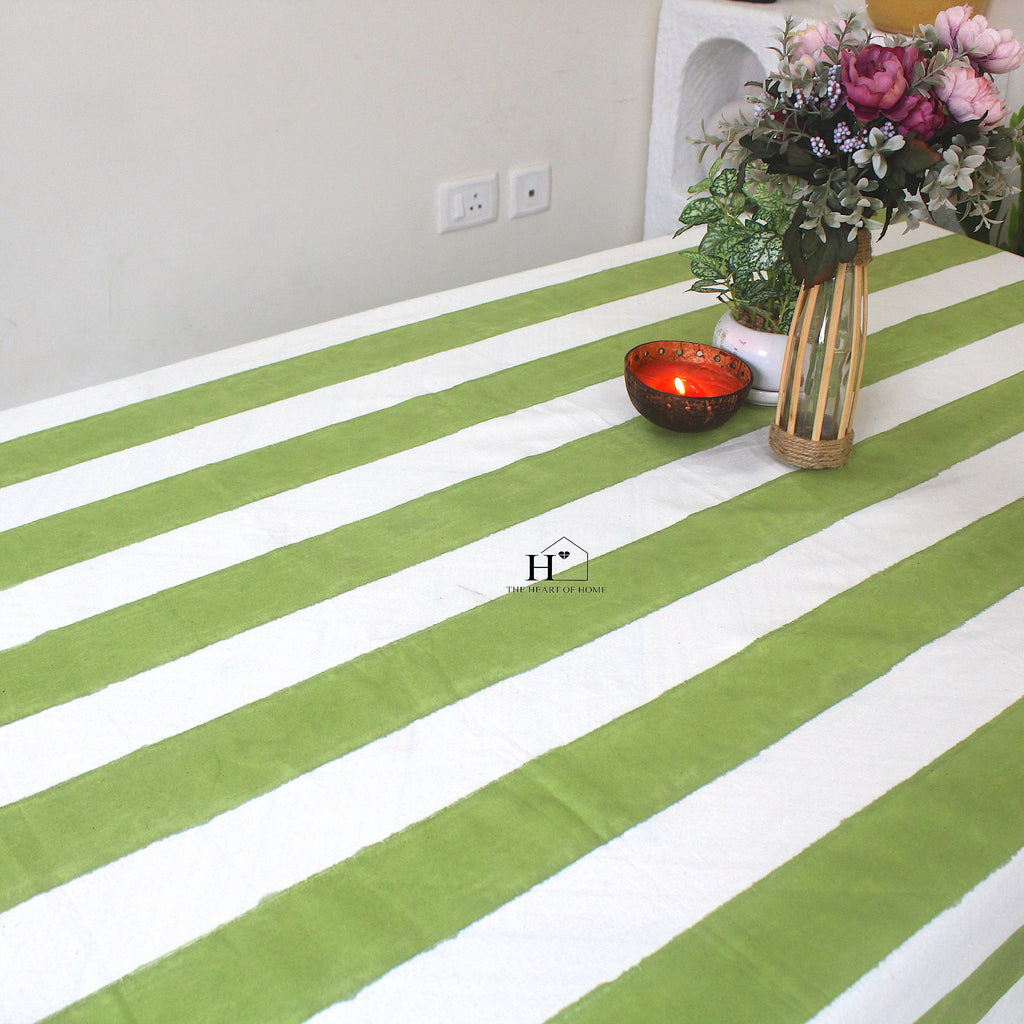 Hand-Block Printed Cotton Tablecloth: Green Stripe Minimalist Decor