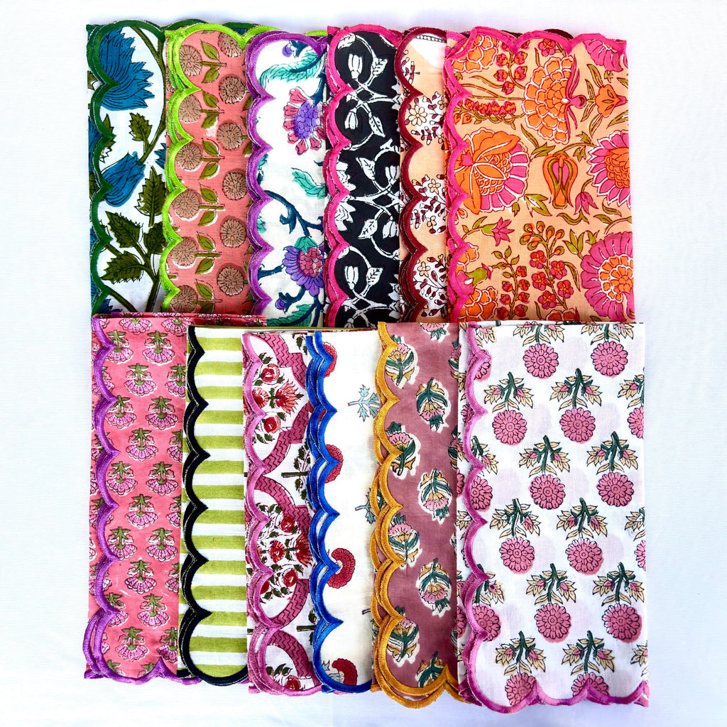Hand Block Print Scallop Napkins: Floral Cotton Dinner Napkins