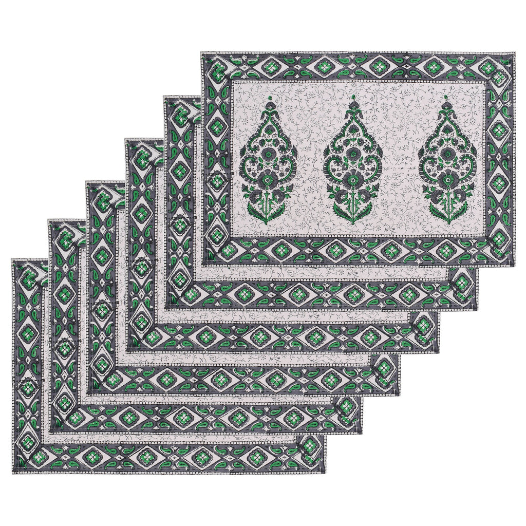 Hand Block Printed Cotton Placemats and Napkins: Gray & Green Floral