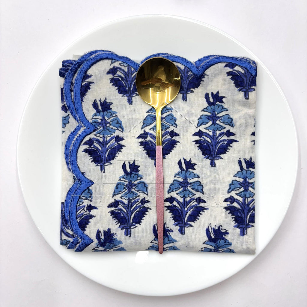 Hand Block Printed Cotton Napkins: Blue Scallop Edge, Sustainable Table Decor