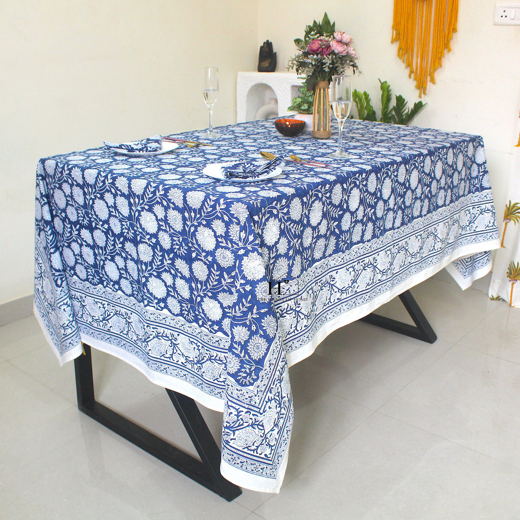 Blue Floral Block Print Cotton Tablecloth: Vibrant Home & Event Decor