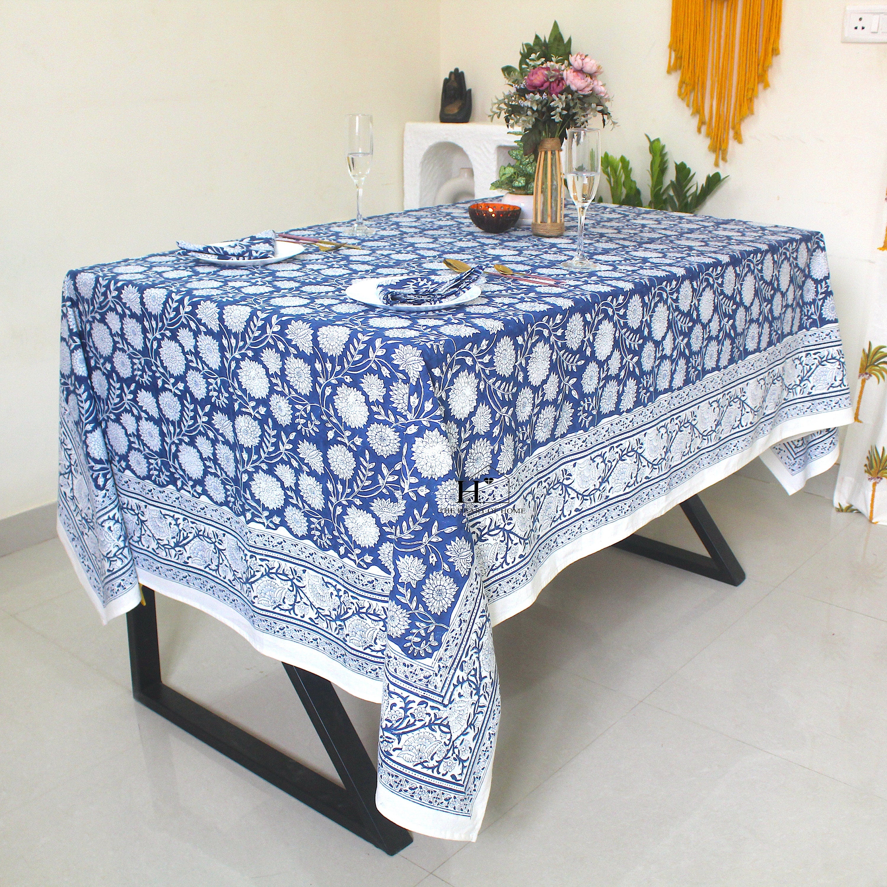Blue Floral Block Print Cotton Tablecloth: Vibrant Home & Event Decor