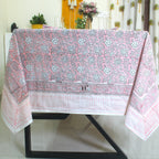 Pink Floral Block Print Cotton Tablecloth - Farmhouse Dining Cover