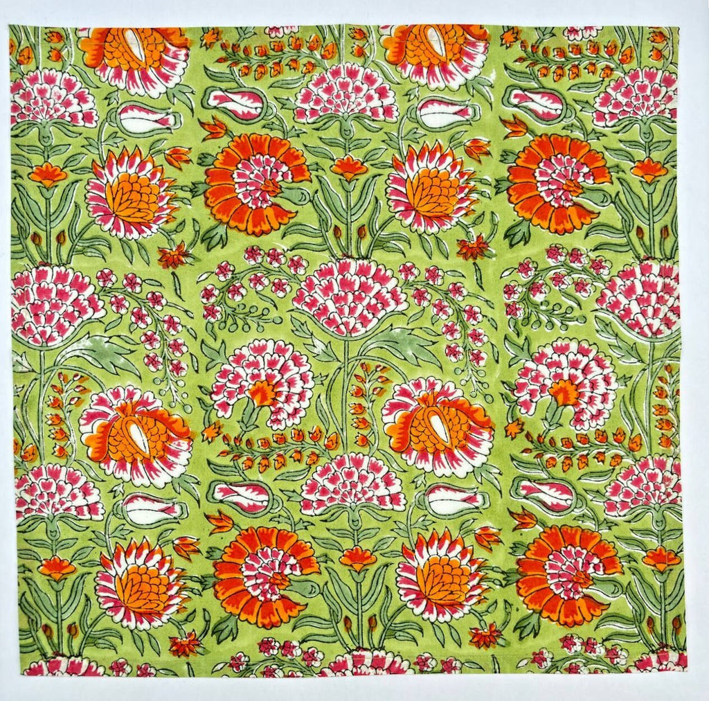 Hand Block Printed Cotton Napkins: Green & Orange Floral Table Decor