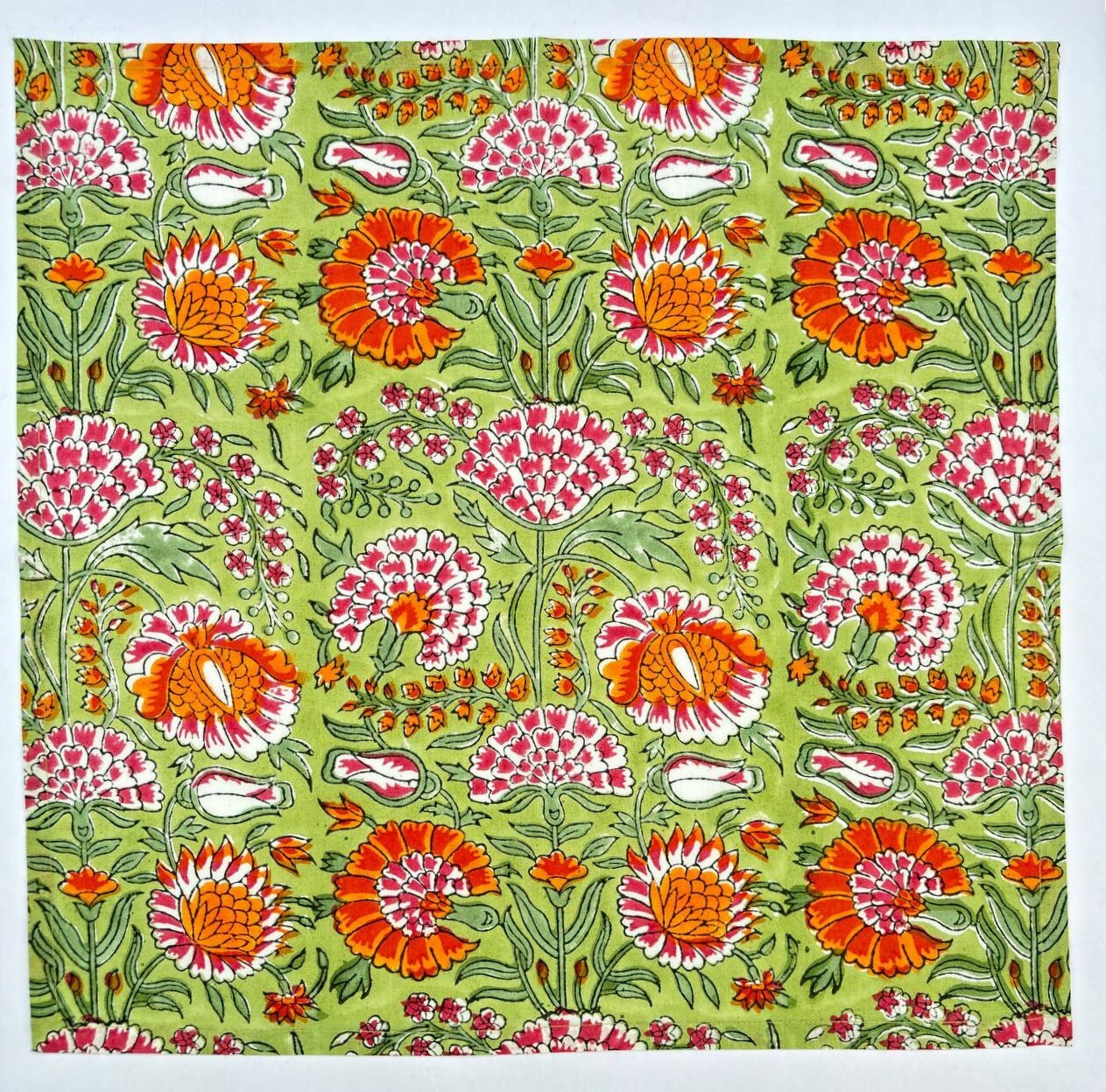 Hand Block Printed Cotton Napkins: Green & Orange Floral Table Decor