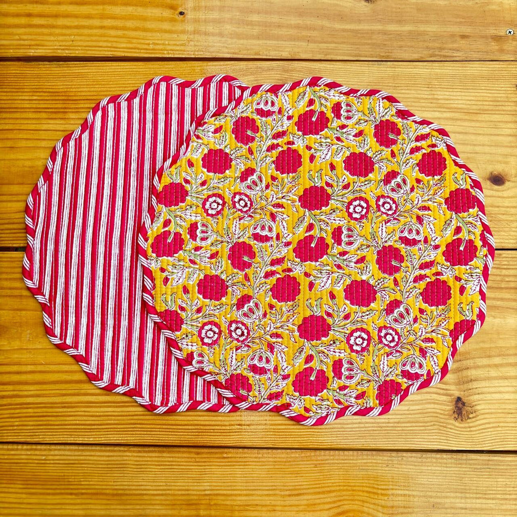 Floral Quilted Placemat & Napkin Set: Mustard Yellow Cotton Table Decor