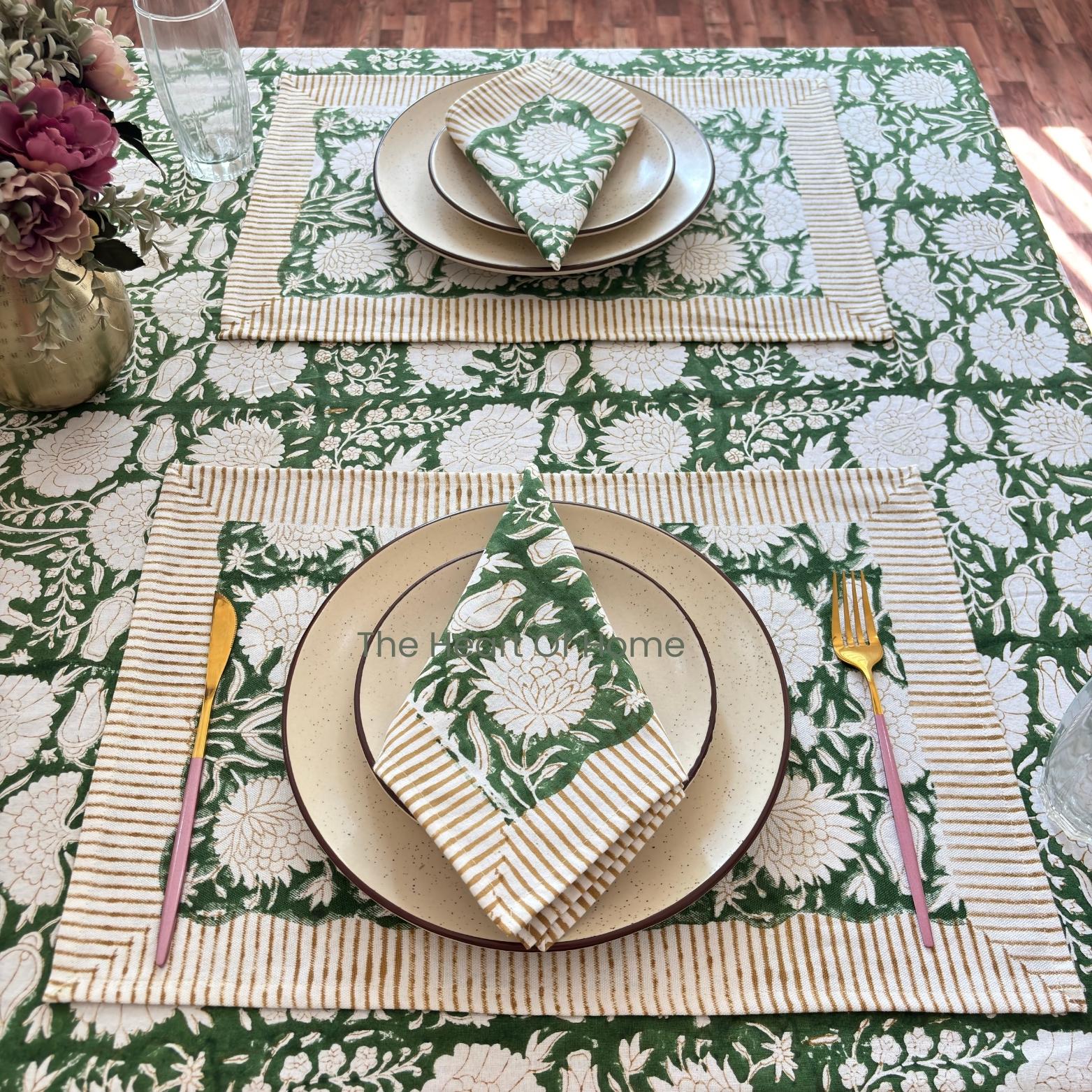 Green Floral Cotton Linen Tablecloth: Custom Sizes, Elegant Event Decor