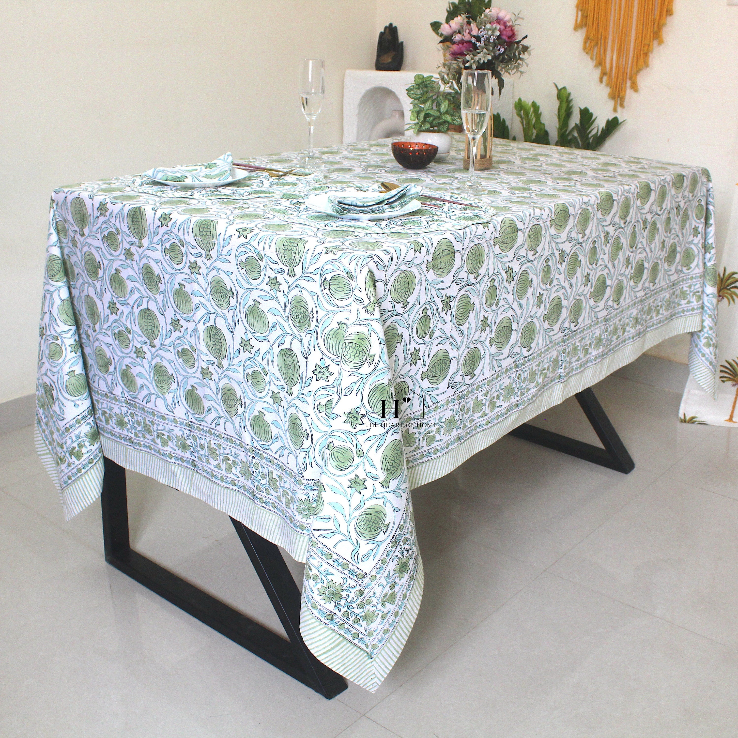 Sage Green Floral Tablecloth: Hand-Block Printed Cotton, Rustic Farmhouse Style