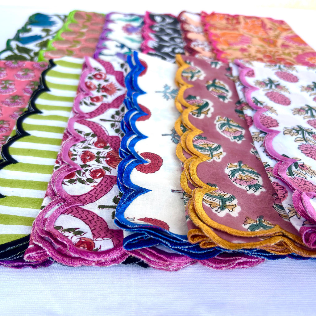 Hand Block Print Scallop Napkins: Floral Cotton Dinner Napkins