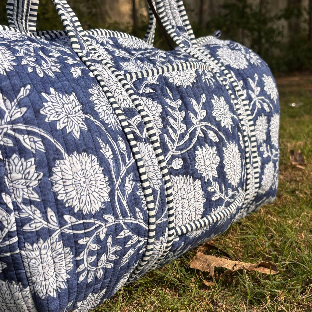 Large royal blue Cotton Quilted Duffle Bags Block print Gifts Handmade Colorful Travel night Travel Gym Yoga Luggage pocket 18x9x9 inches
