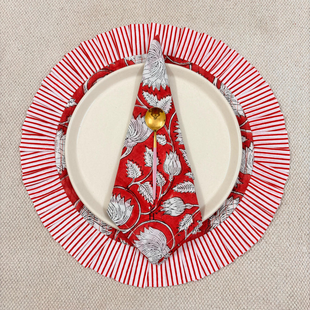 Red Floral Quilted Placemat & Napkin Set: 100% Cotton, Handmade