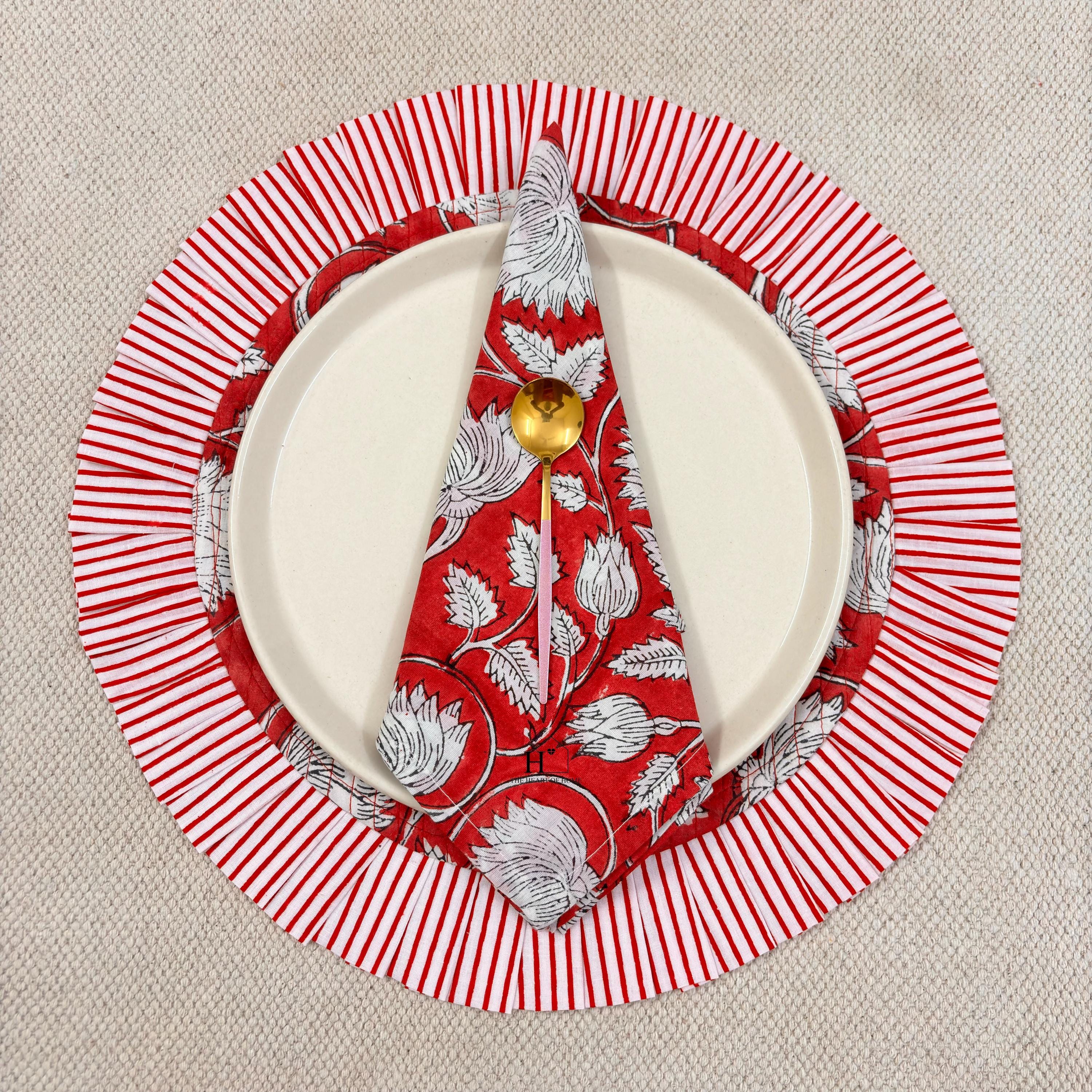 Red Floral Quilted Placemat & Napkin Set: 100% Cotton, Handmade