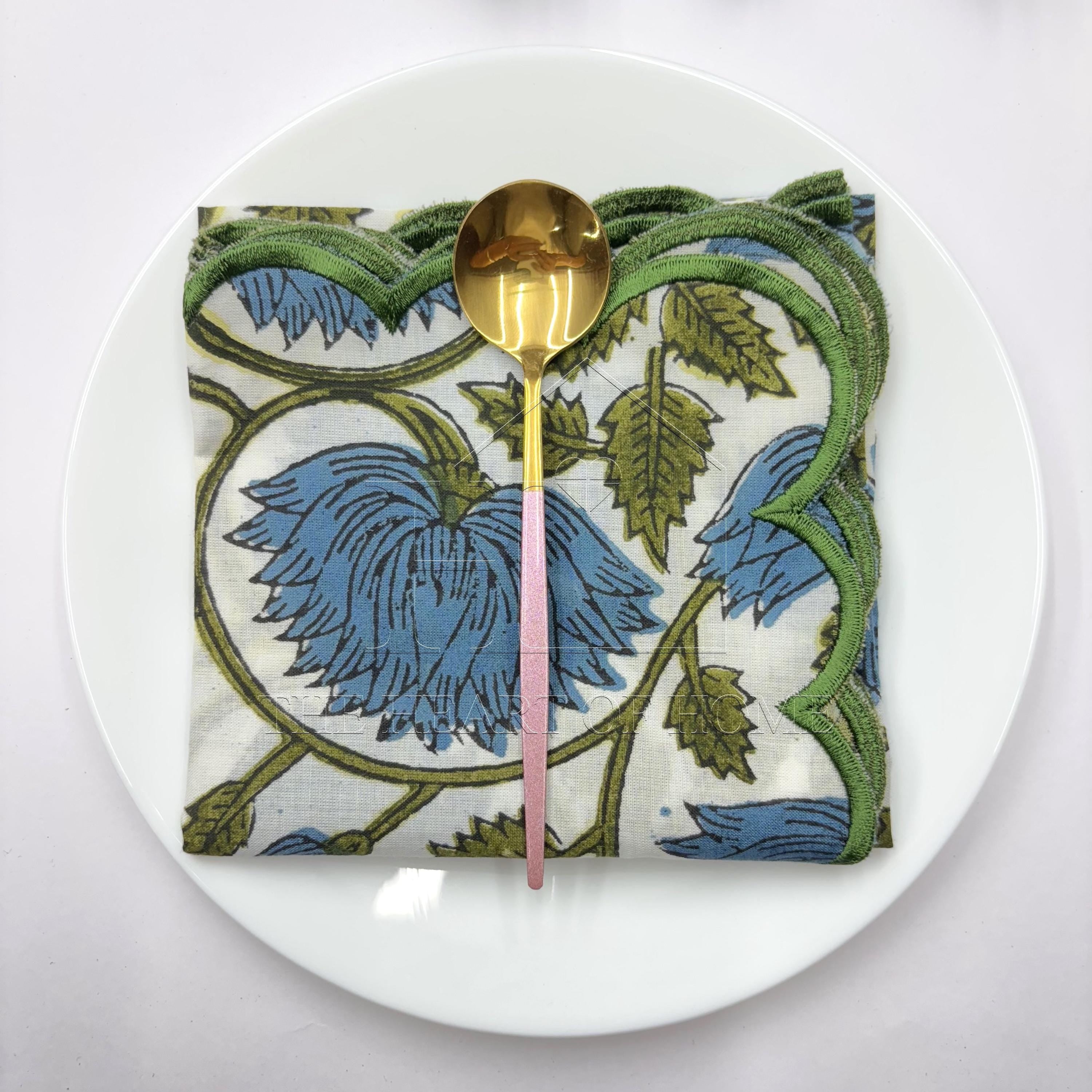 Floral Block Print Napkins: Embroidered Scallop Edge, Sustainable Cotton