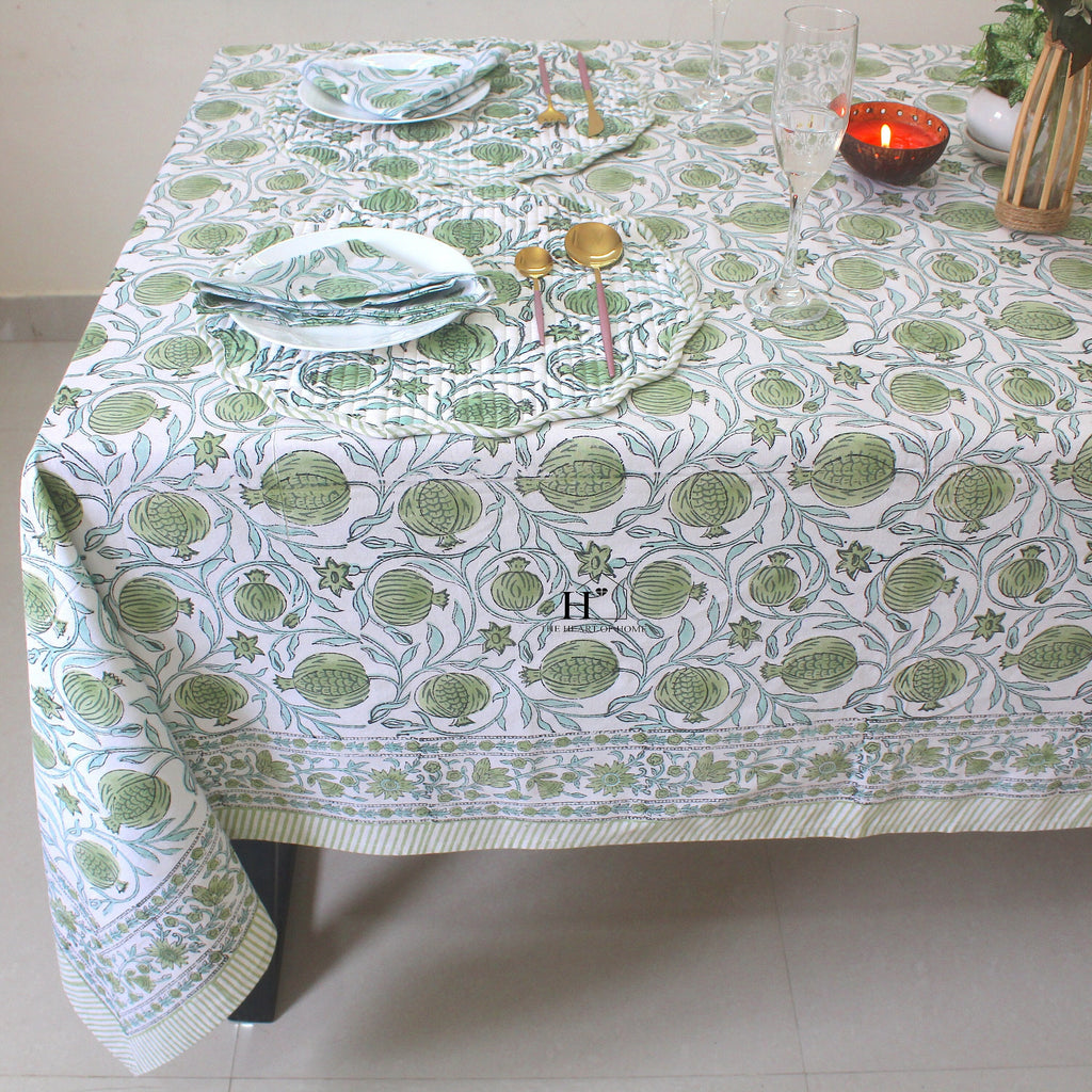 Sage Green Floral Tablecloth: Hand-Block Printed Cotton, Rustic Farmhouse Style