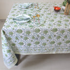 Sage Green Floral Tablecloth: Hand-Block Printed Cotton, Rustic Farmhouse Style
