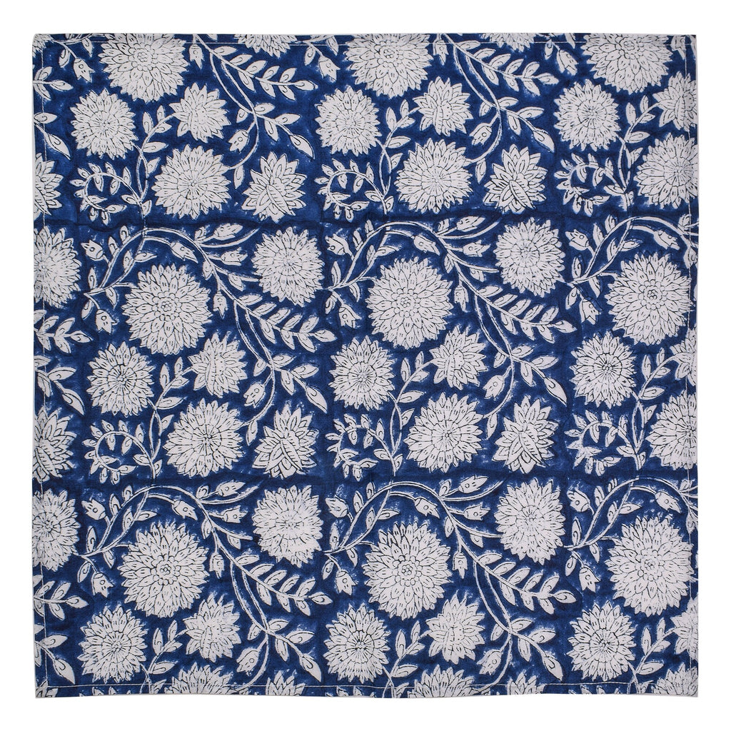 Handmade Royal Blue Floral Napkins: Block Printed Cotton Table Decor
